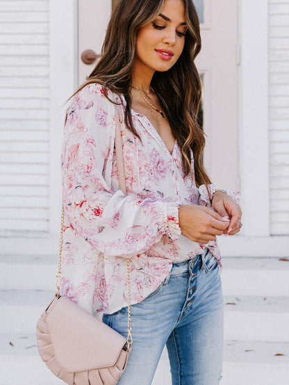 Floral Blossom V-Neck Ruffle Sleeve Blouse