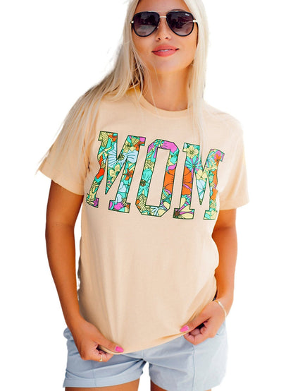 Khaki Floral "MOM" Print Crew Neck T-Shirt