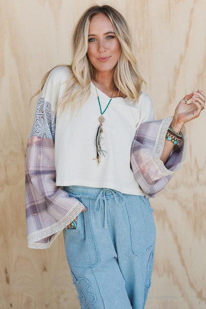 White Peace Sign Plaid Lace Patchwork Loose Long Sleeve Cropped Top