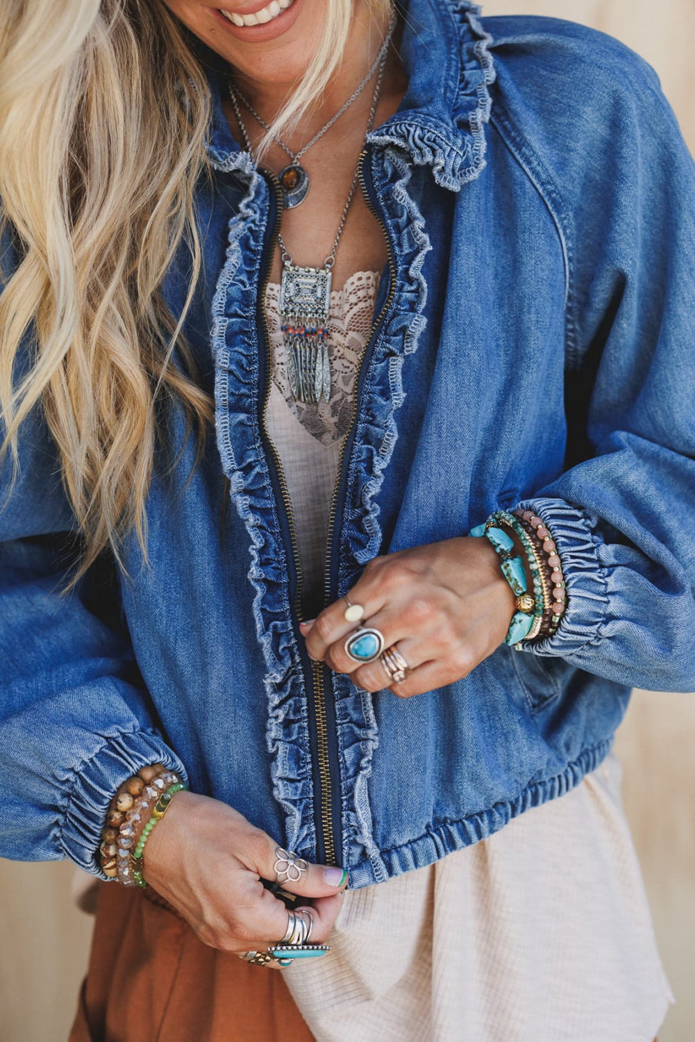 Real Teal Frilled Trim Zip Up Elastic Cuffed Denim Jacket