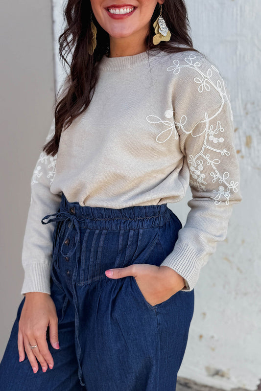 Simply Taupe Contrast Embroidered Sleeve Ribbed Trim Casual Sweater