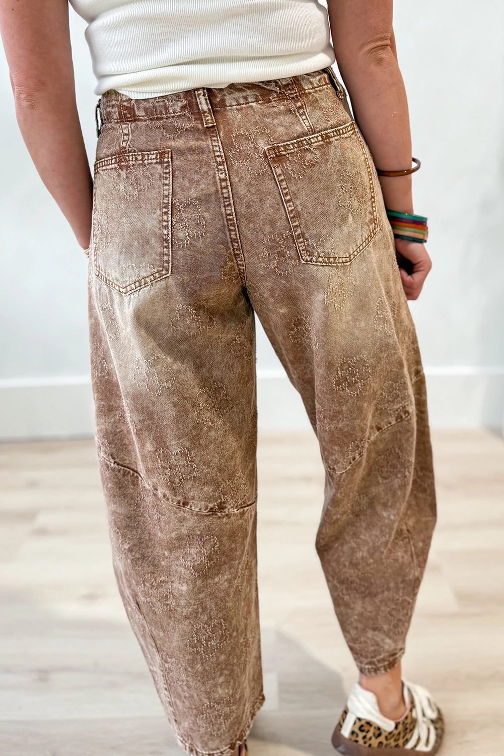 Straw Yellow Mineral Wash Flower Embellished Ankle-length Barrel Jeans