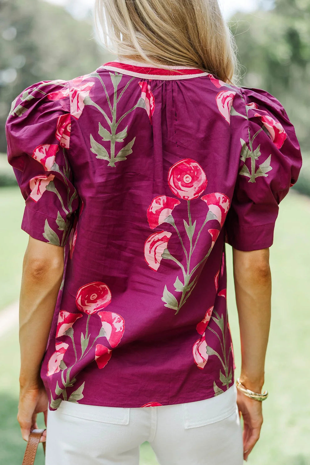 Red Floral Print Short Puff Sleeve Contrasted Striped V Neck Blouse