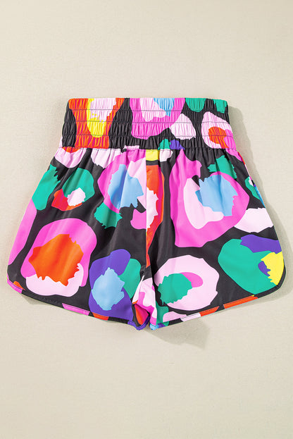 Black Fun Leopard Sports Shirred High Waist Shorts