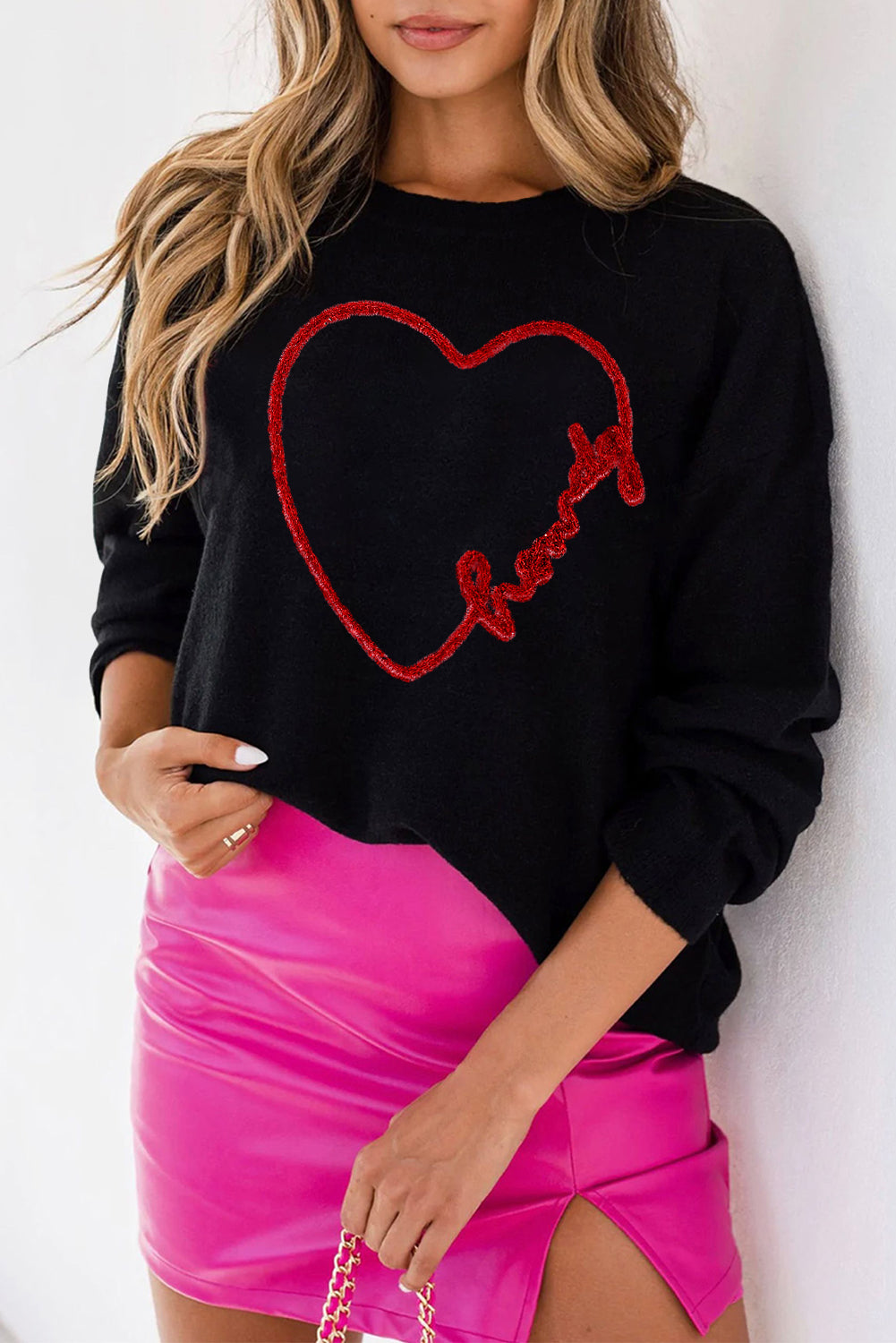 Heartfelt Black Graphic Round Neck Sweater