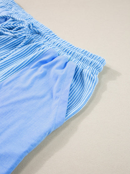 Light Blue Plus Size Ribbed Lounge Set with Long Sleeve Top and Drawstring Shorts