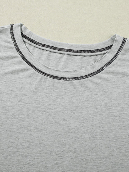 Gray Contrast Stitching Cuffed Sleeve Plus Shorts Set