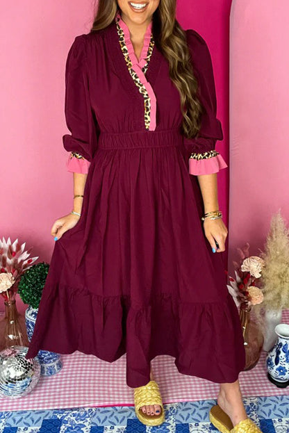 Burgundy Contrast Frilled Trim V Neck 3/4 Ruffled Sleeve Flowy Midi Dress
