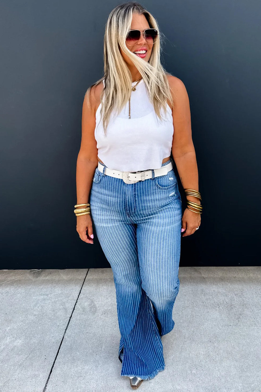 Sky Blue Stripe Raw Hem Split Leg Flared Jeans