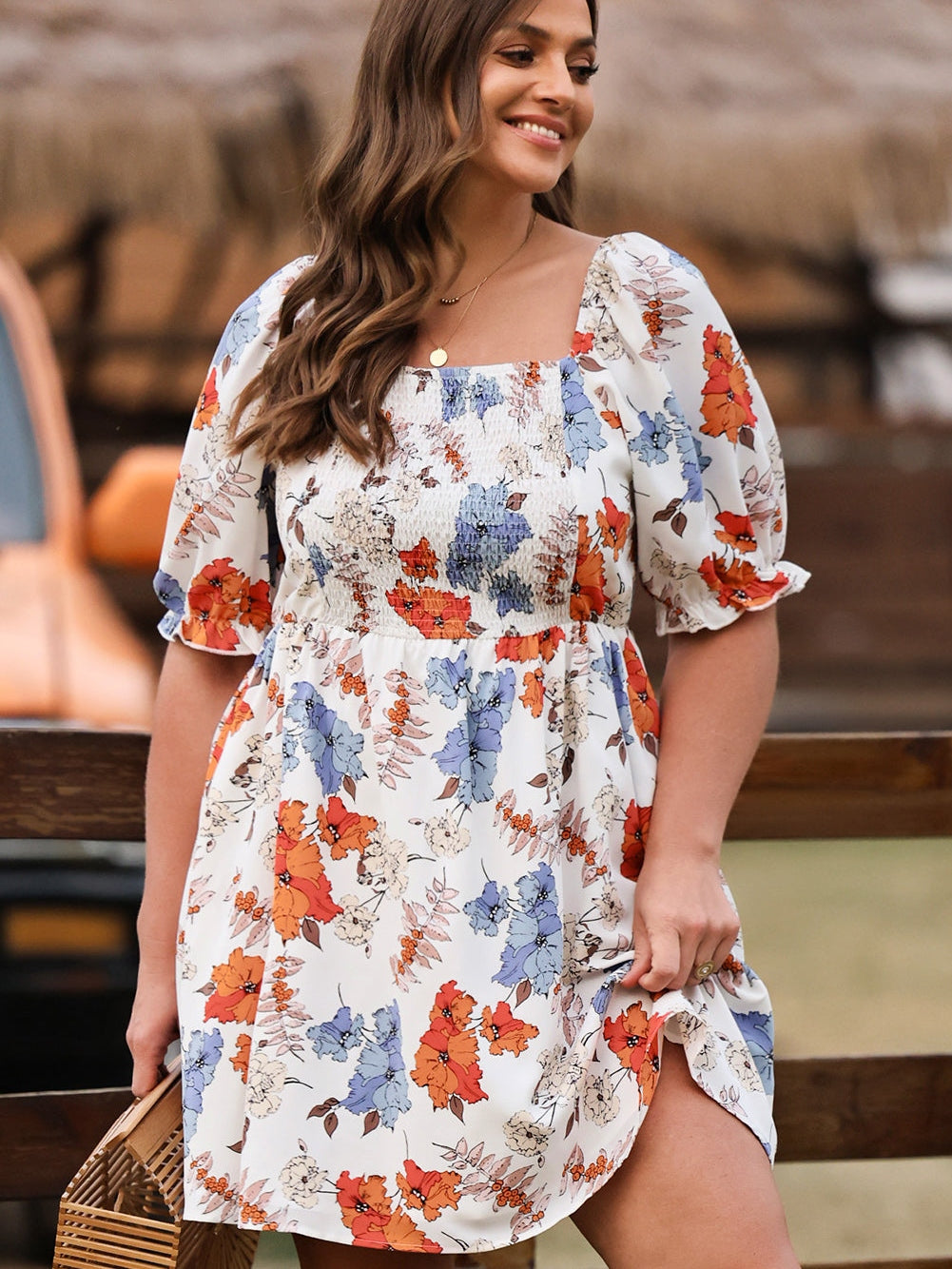 White Floral Smocked Flared Plus Size Dress