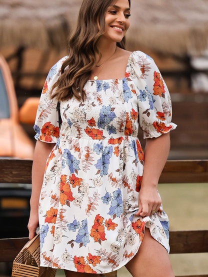 White Floral Smocked Flared Plus Size Dress