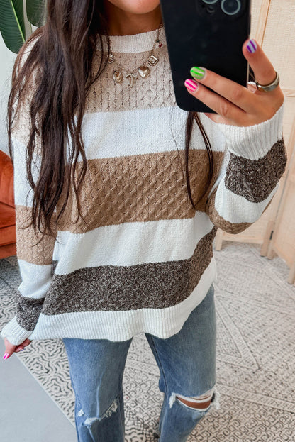 Brown Mixed Texture Knit Striped Color Block Loose Sweater
