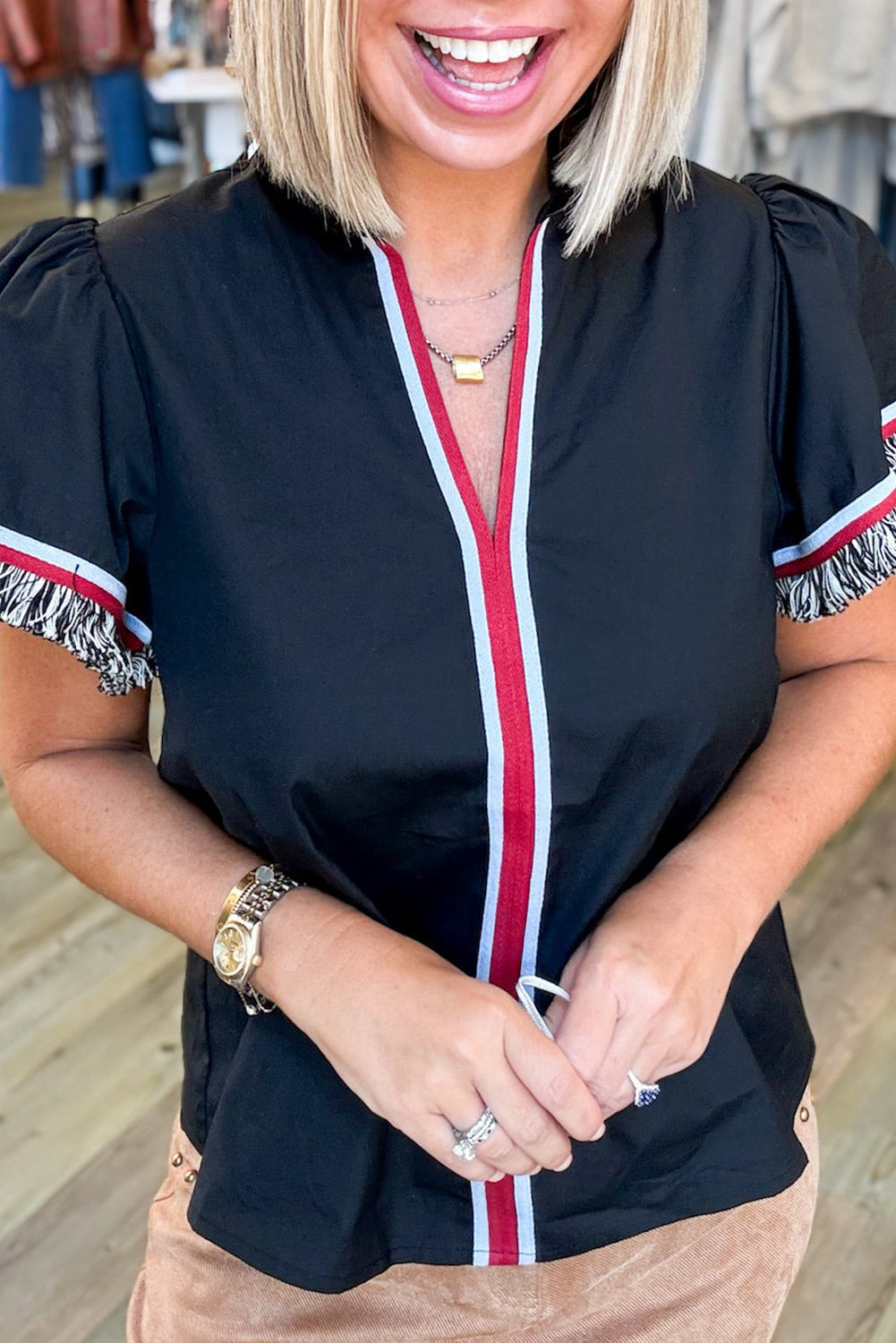 Black Fringe Detail Contrast Striped Trim V Neck Short Sleeve Top