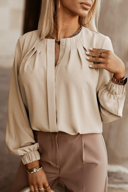 Graceful Khaki Pleated Round Neck Shirt with Puff Sleeves