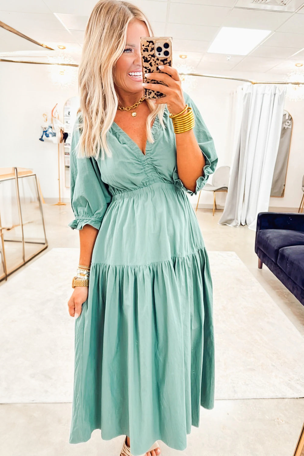Canton V Neck Frilled Puff Sleeve Cinched Waist Flared Long Dress