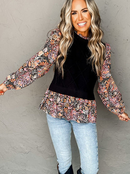 Graceful Black Floral Peplum Sweater with Ruffled Hem