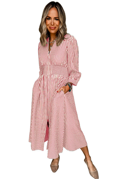 Red Stripe V Neck Zip Front Cinched High Waist Midi Dress