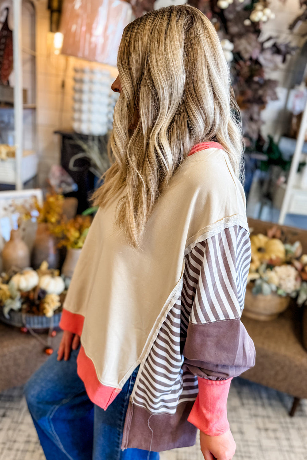 White Color Block Striped Patchwork Dolman Slit Sweatshirt