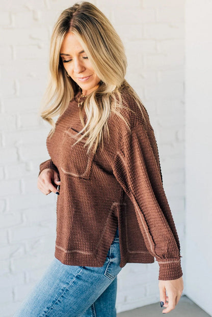 Coffee Thermal Textured Exposed Seam Patchwork Loose Long Sleeve Top