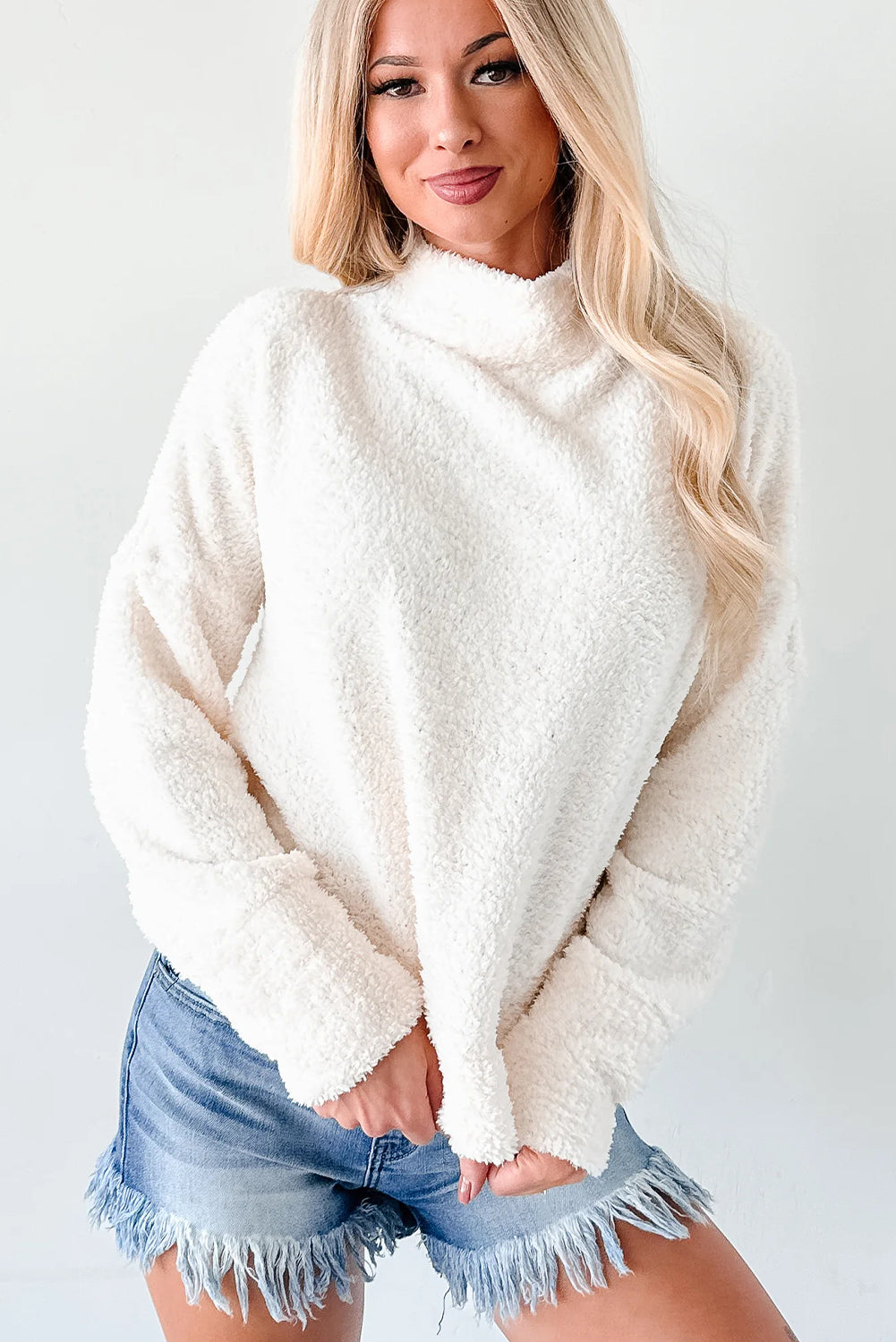 White High Neck Drop Shoulder Fuzzy Knit Sweater