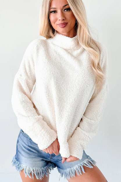 White High Neck Drop Shoulder Fuzzy Knit Sweater