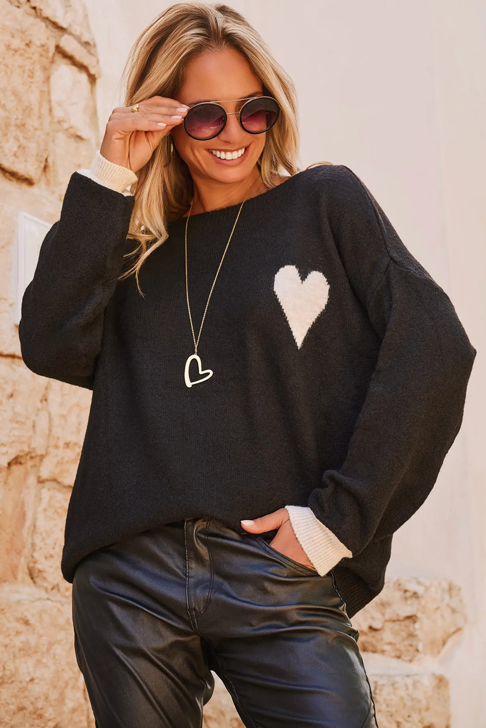 Black Heart Chest Contrast Cuffs Baggy Sweater