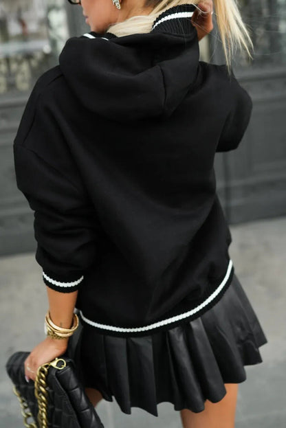 Black Varsity Stripes Ribbed Detail Preppy Casual Hoodie