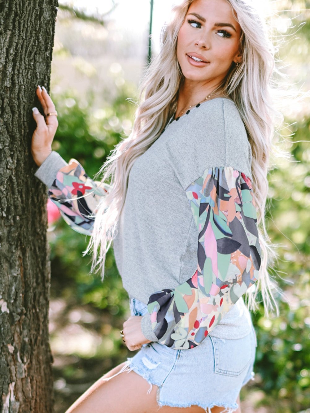 Elegant Gray Floral Lantern Sleeve V-Neck Blouse