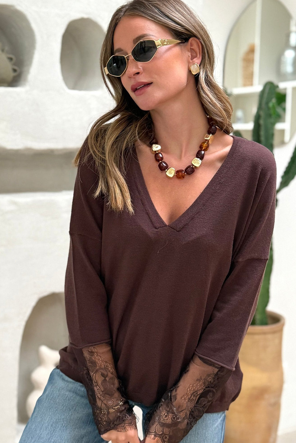 Chicory Coffee lace panel sweater