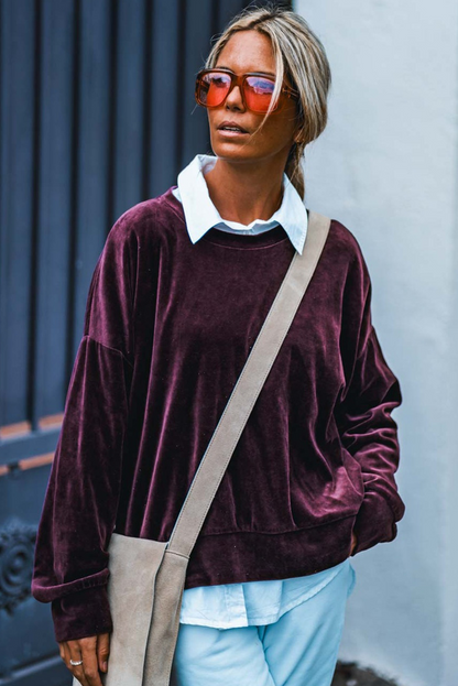 Grape Wine Long Sleeve Drop Shoulder Round Neck Loose Velvet Top