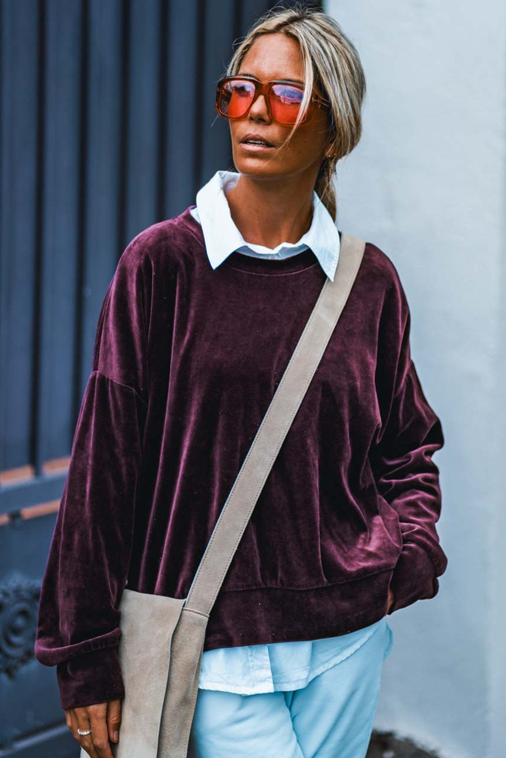 Grape Wine Long Sleeve Drop Shoulder Round Neck Loose Velvet Top