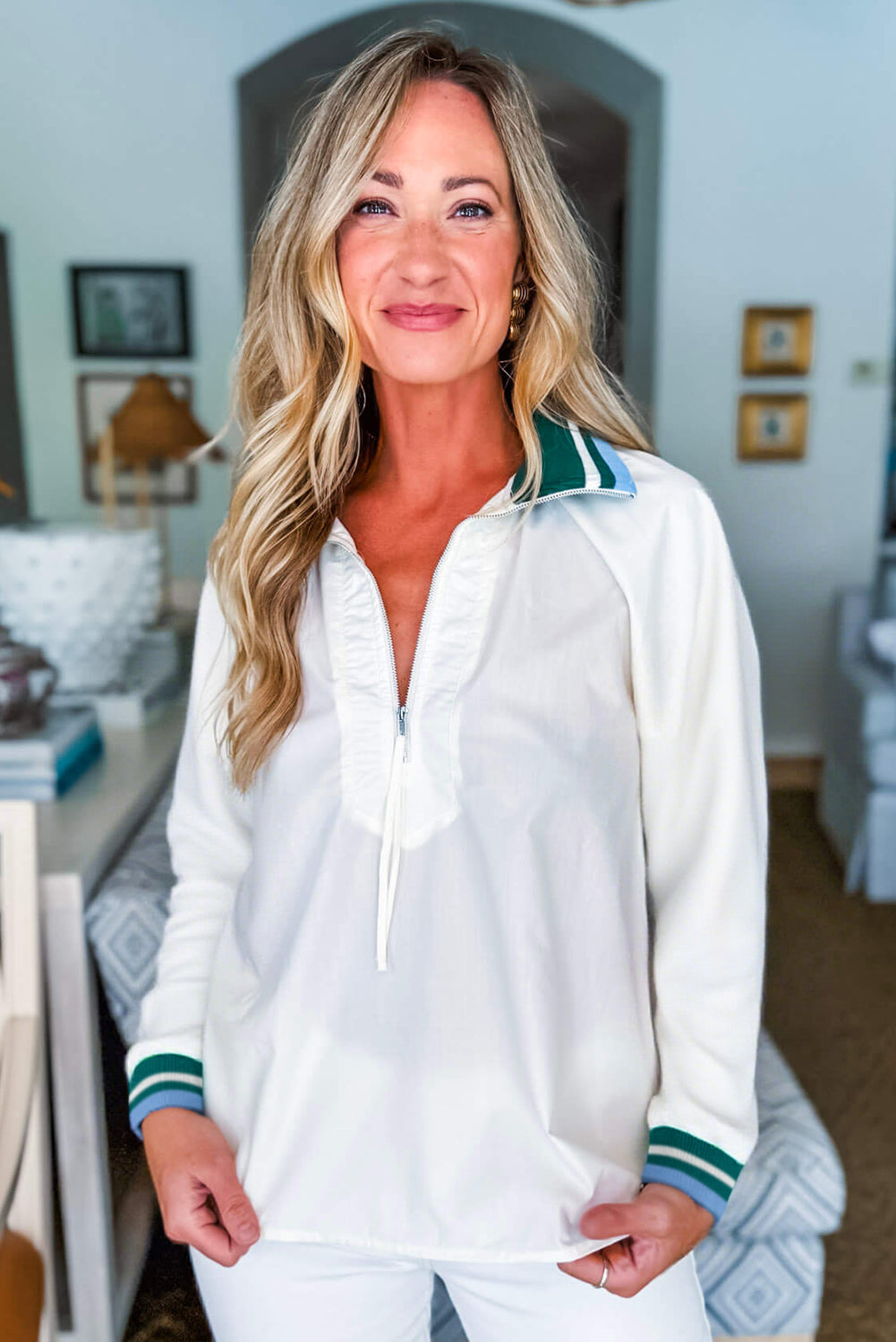 White Tie Zip Split Neck Striped Webbing Patchwork Long Sleeve Blouse