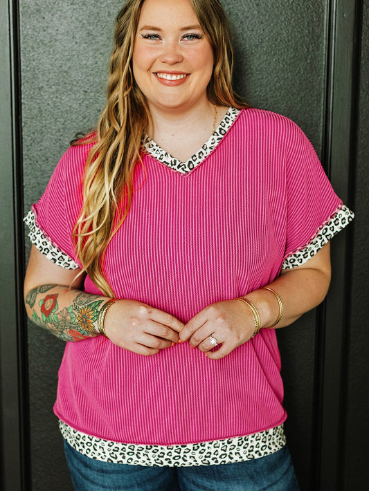 Rose Red Leopard Trim V Neck Short Sleeve Plus Size Corded Top