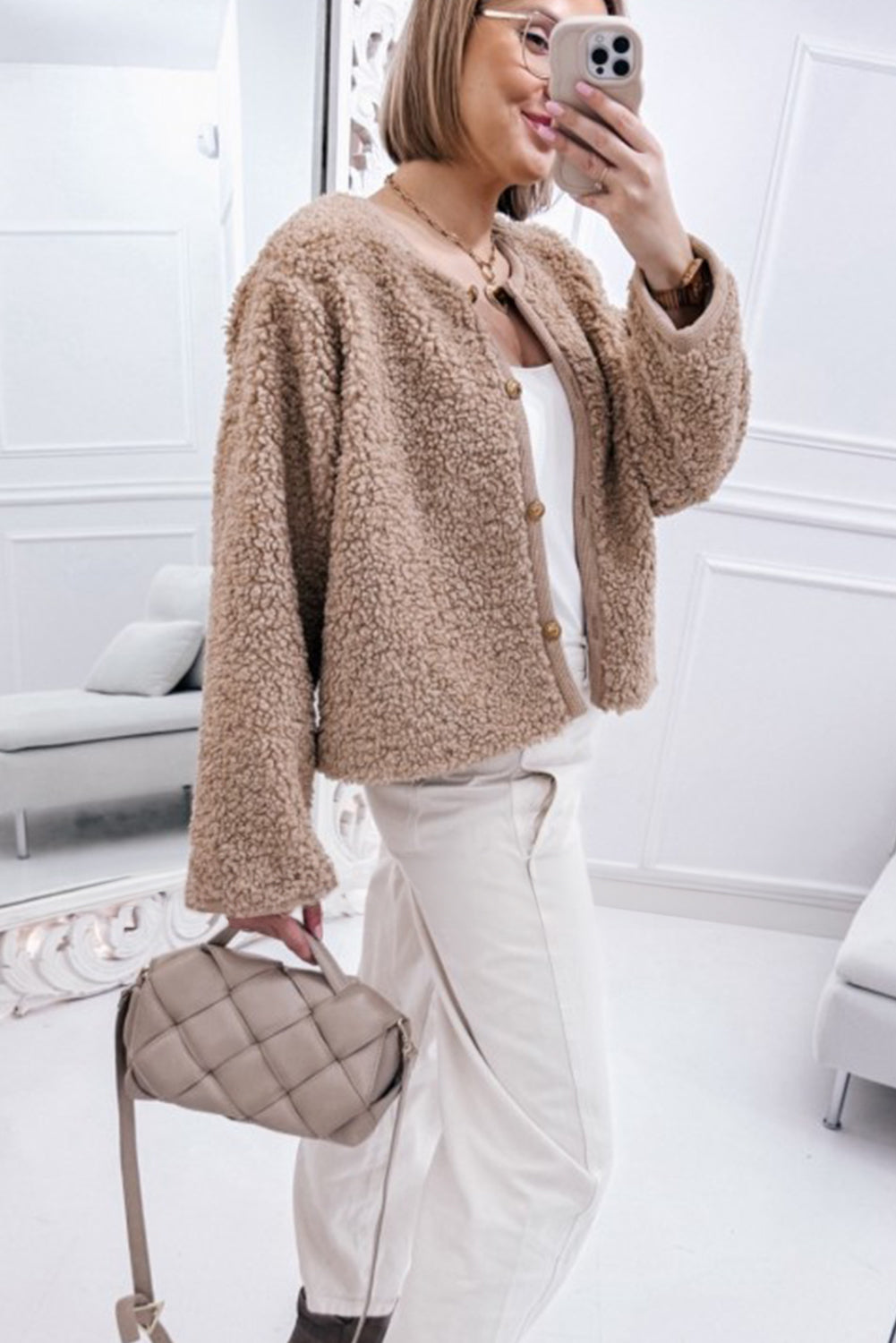 Smoke Gray Sherpa Buttoned Front Plush Jacket