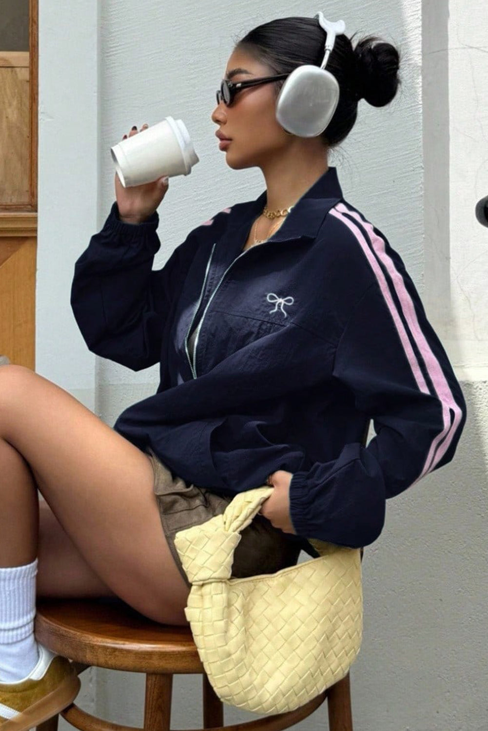 Dirty blue Bow Embroidered Detail Zip Up Sweatshirt Womens Jacket