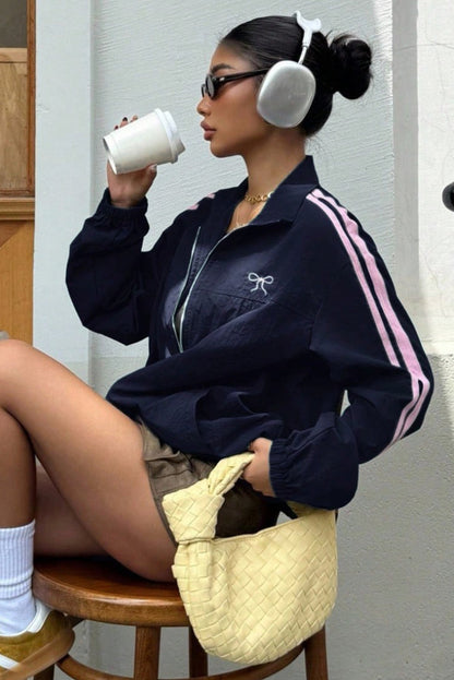 Dirty blue Bow Embroidered Detail Zip Up Sweatshirt Womens Jacket