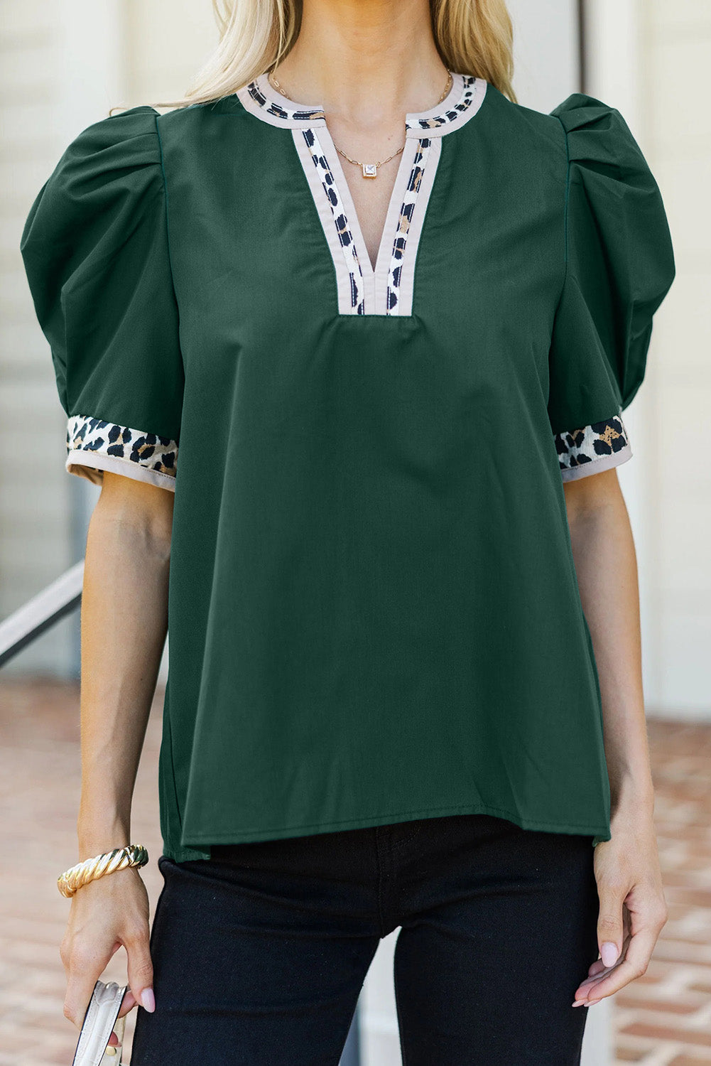 Blackish Green Contrast Leopard Trim Split Neck Puff Sleeve Blouse