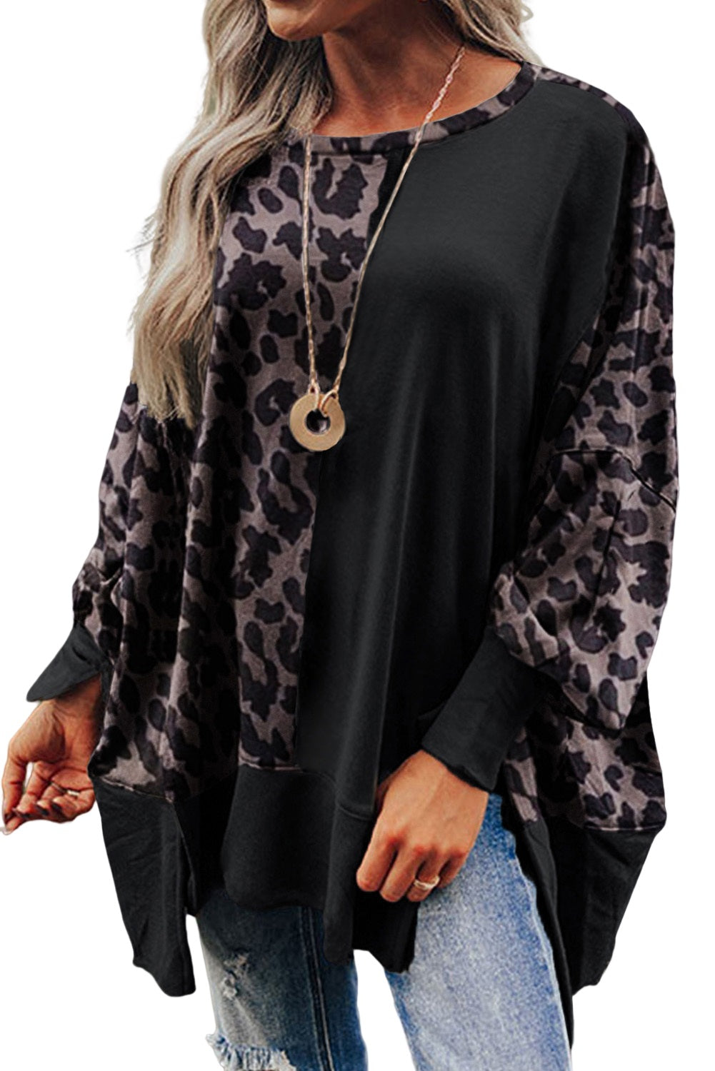 Elegant Black Leopard Print Bishop Sleeve Slit Top