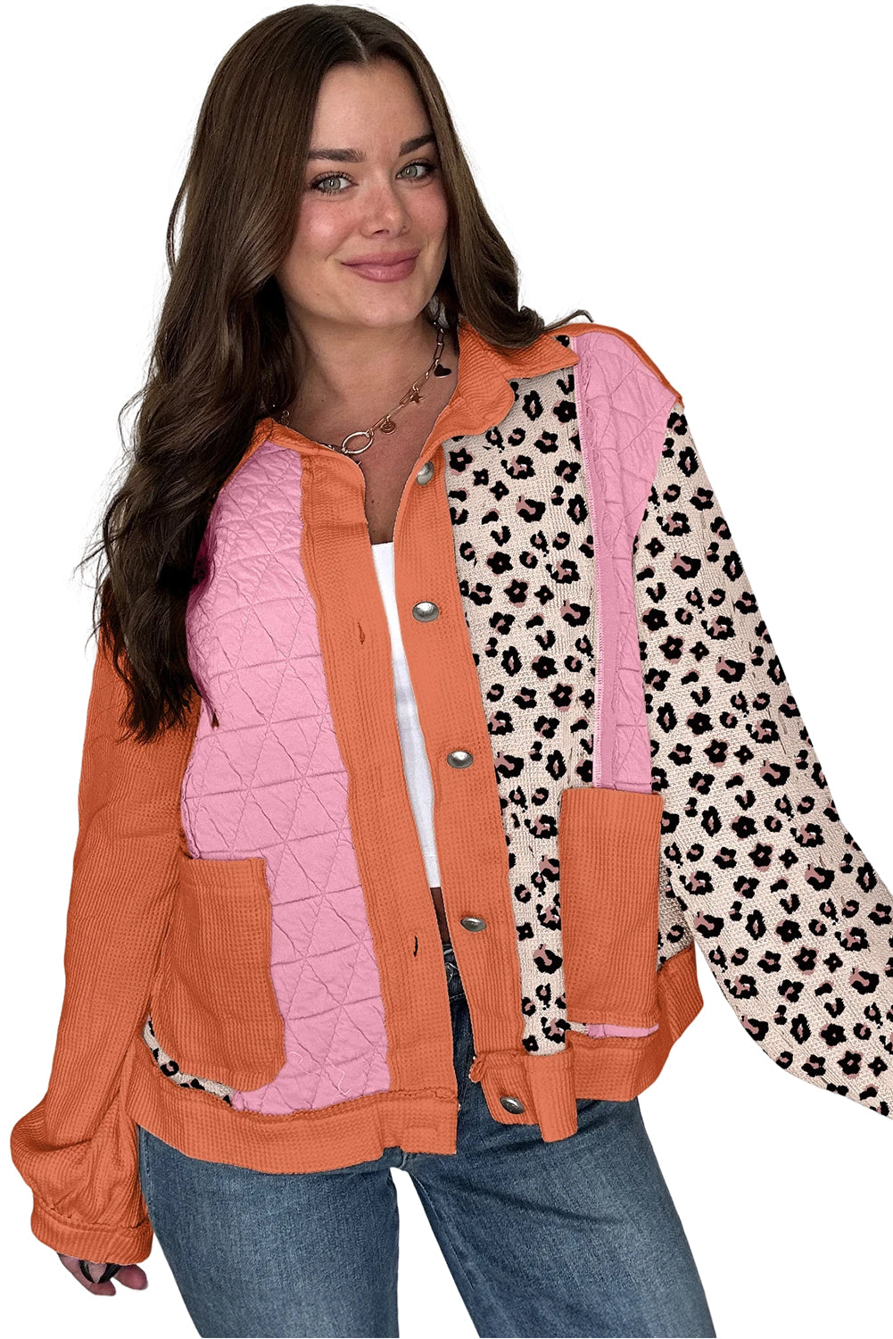 Pink Leopard Waffle Quilted Patchwork Button Front Jacket