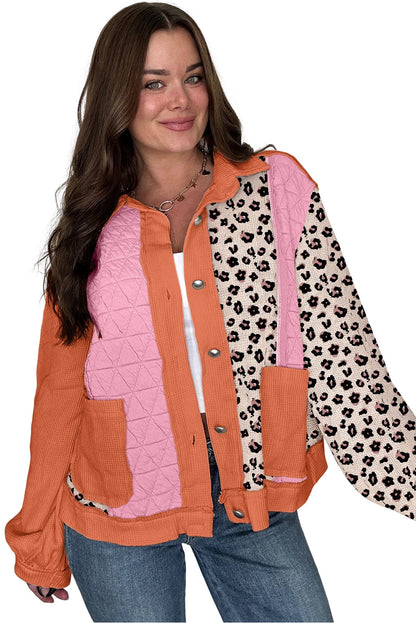 Pink Leopard Waffle Quilted Patchwork Button Front Jacket