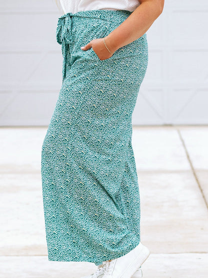 Green Floral Boho Tie-Waist Wide Leg Pants for Curvy Fashionistas