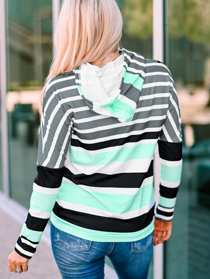 Green Striped Pullover Hooded Sweatshirt