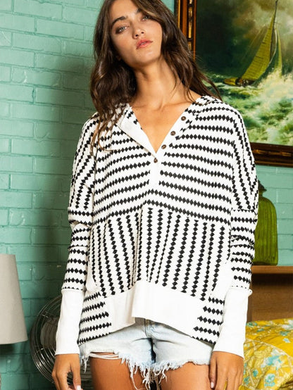Knitted Striped Henley Oversized Hooded Hoodie