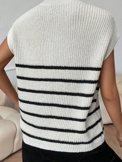 Elegant White Striped Half Zip Stand Neck Sweater Tee