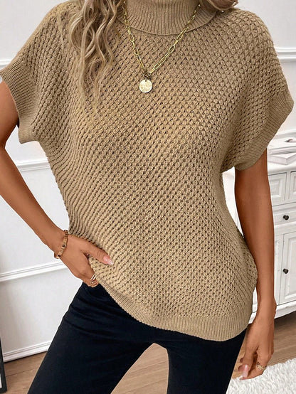 Elegant Pale Khaki Turtleneck Textured Short Sleeve Jumper