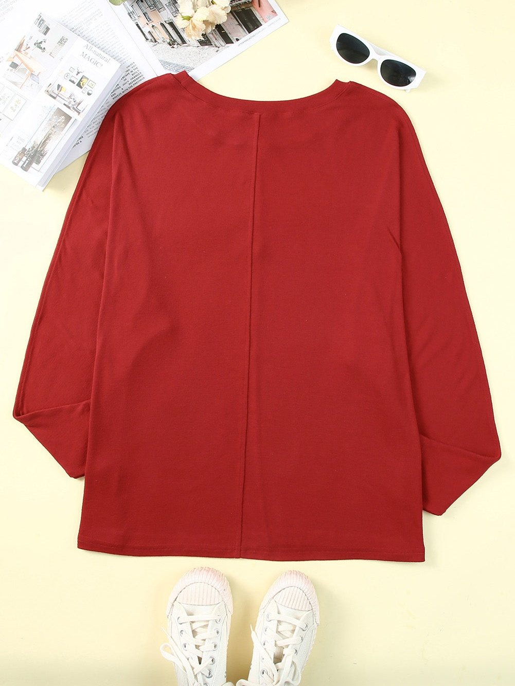 Fiery Red Crew Neck Patchwork Long Sleeve Casual Top
