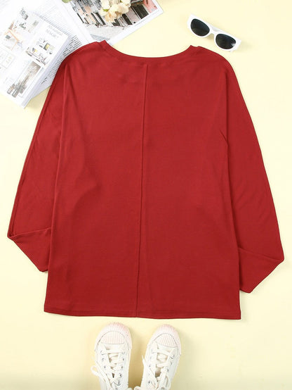 Fiery Red Crew Neck Patchwork Long Sleeve Casual Top
