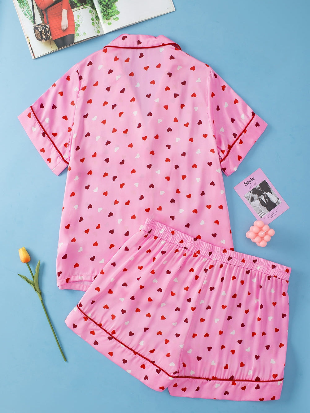 Valentine's Day Pink Heart Print Plus Size Pajama Set