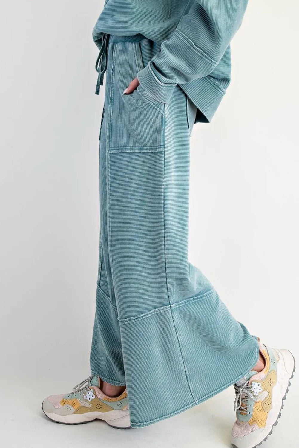 Lapis Mineral Wash Ribbed Patchwork V Neck Pullover Drawstring Pants 2pcs Outfit