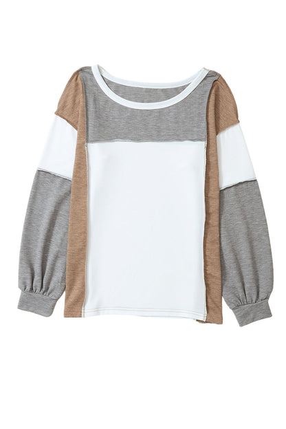 Grey Color Block Patchwork Knit Sweater with Exposed Seam Detail